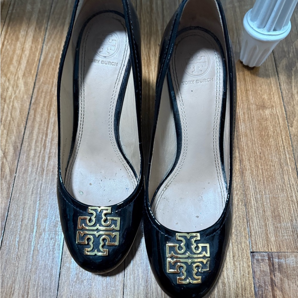 Tory Burch Black and Gold Heels with Signature Logo